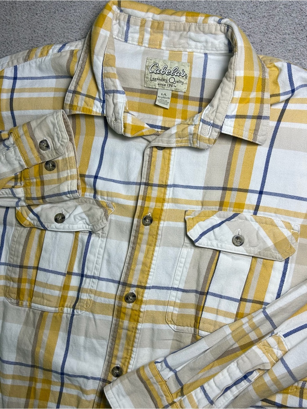Cabela’s Flannel Shirt Mens Large Yellow Plaid Long Sleeve Button Down
